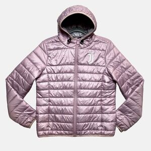 Juventus Puffer Jacket Womens L Pink Full Zip Hooded Lightweight
